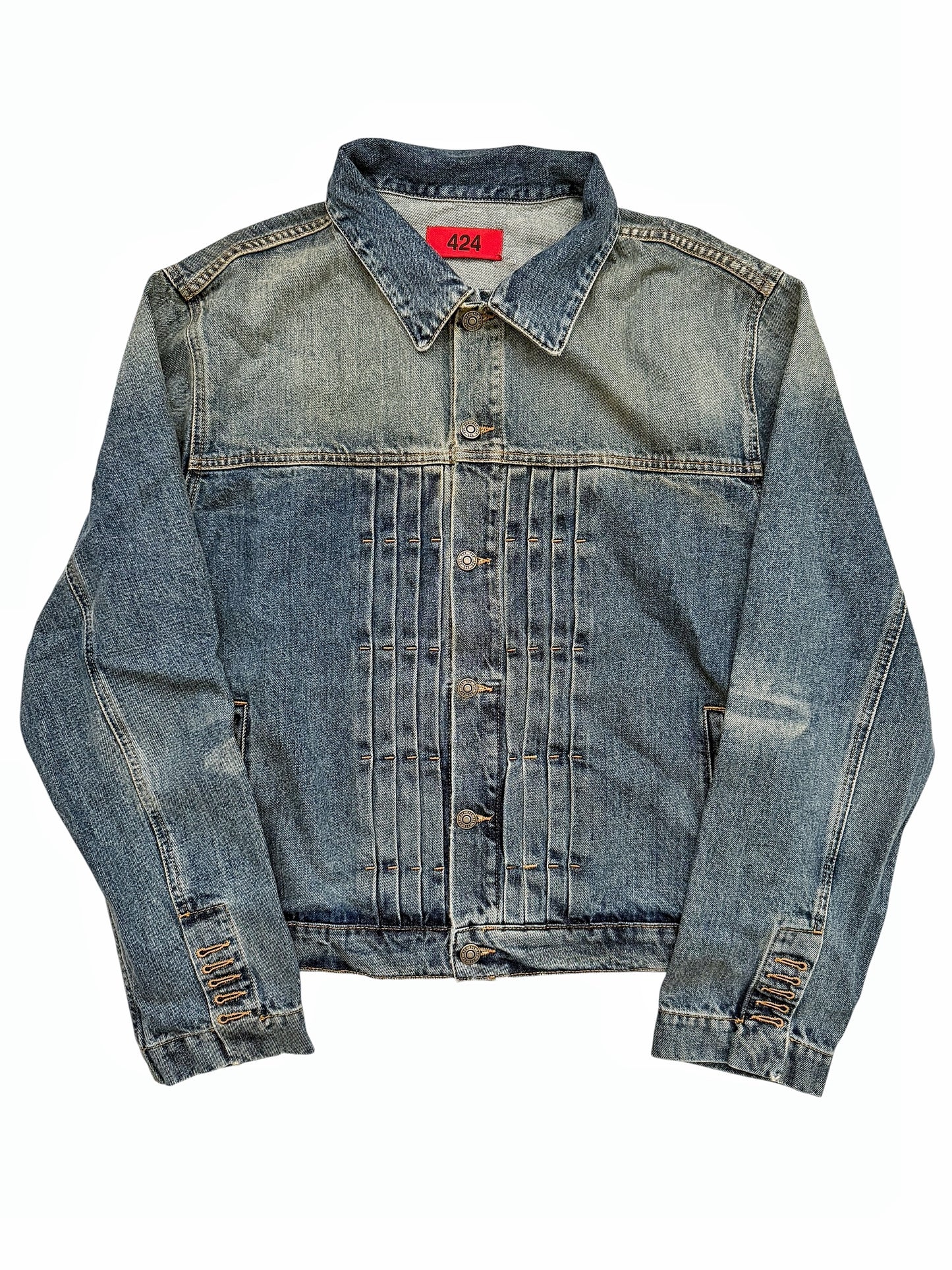 Sun Faded Denim Pleated Trucker Jacket