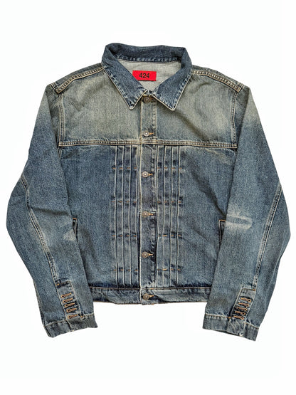 Sun Faded Denim Pleated Trucker Jacket