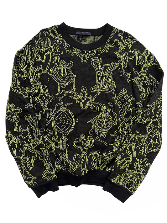 Virgil Wavy Logo Green Intarsia Knit Sweater