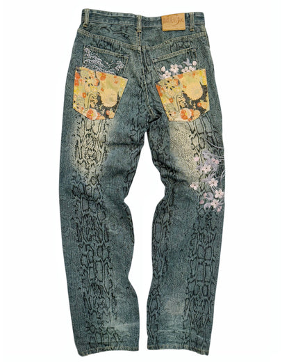 Koi Snake Embroidered Double Pocket Denim