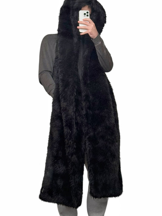 Black Faux Fur Hooded Pocket Scarf