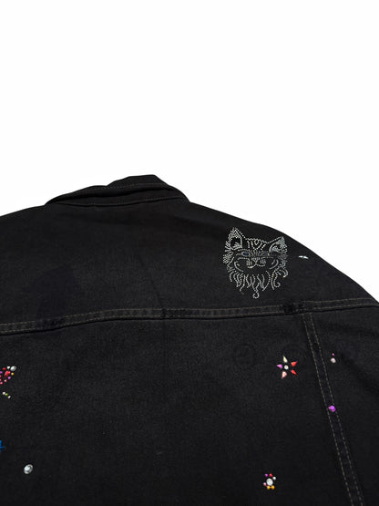 2022 Bedazzled Graffiti Doodle Distressed Denim Trucker Jacket