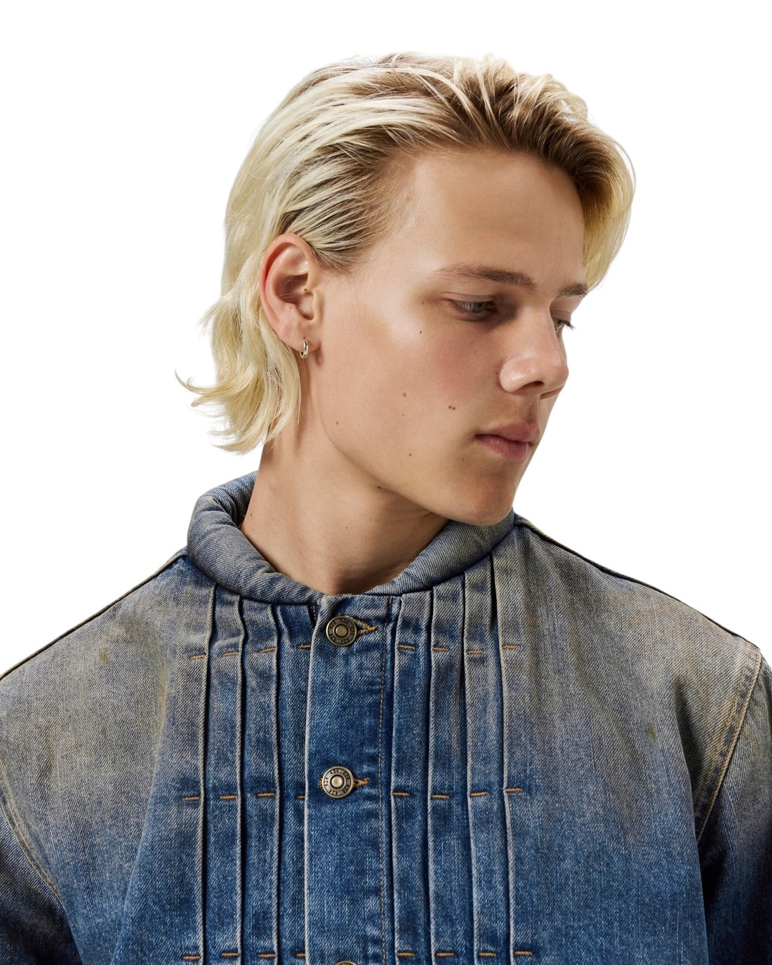 Japanese Wash Mandarin Collar Pleated Denim Trucker