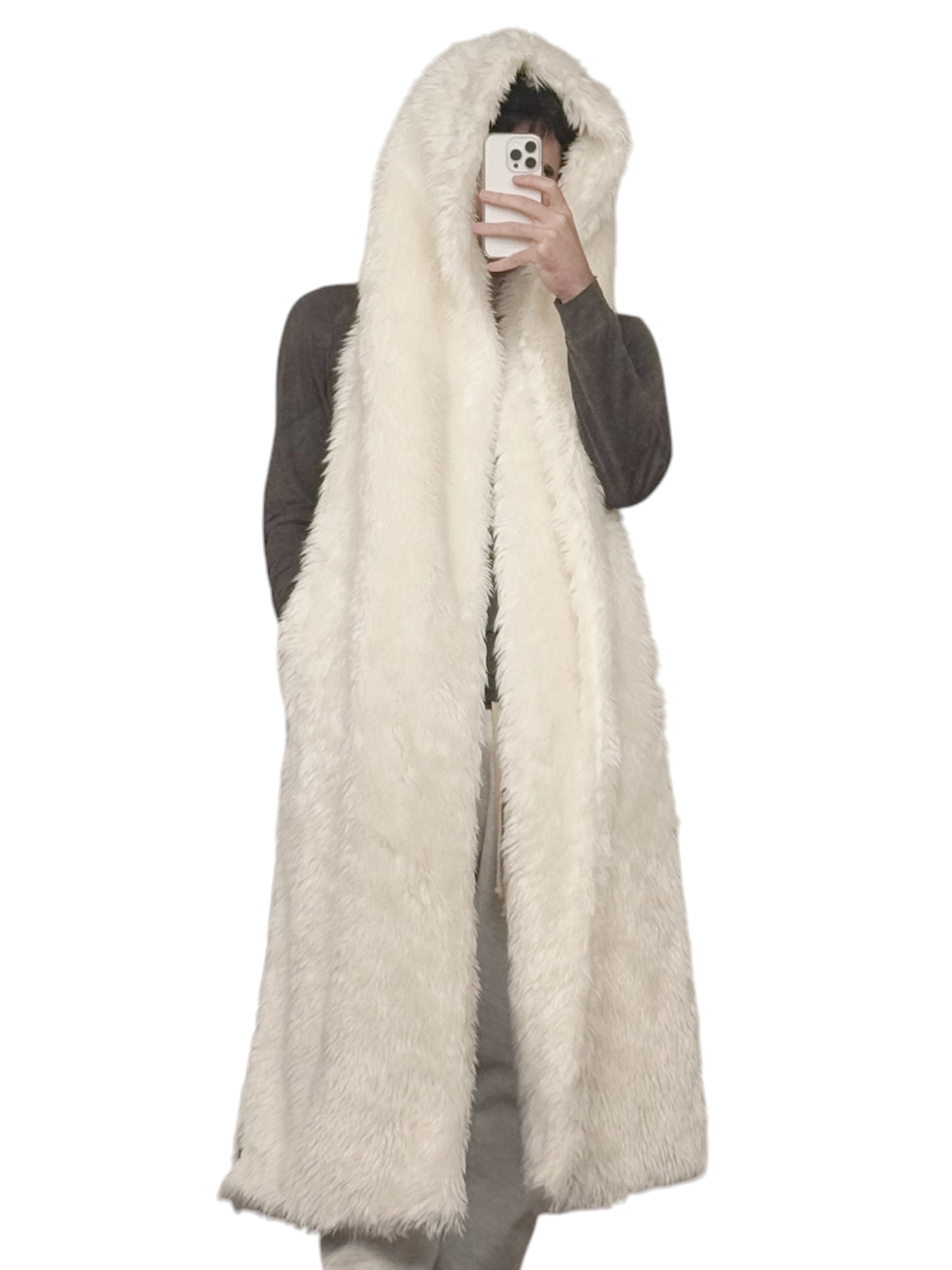 Cream Faux Fur Hooded Pocket Scarf