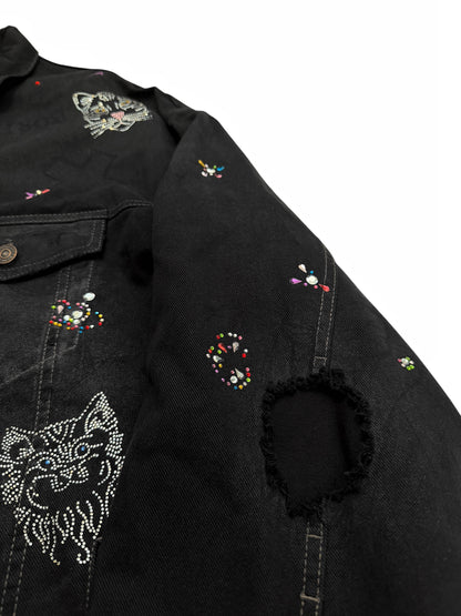 2022 Bedazzled Graffiti Doodle Distressed Denim Trucker Jacket
