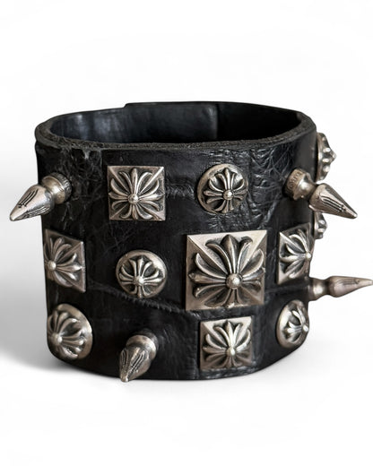 Alligator Leather Punk Studded Silver Cuff