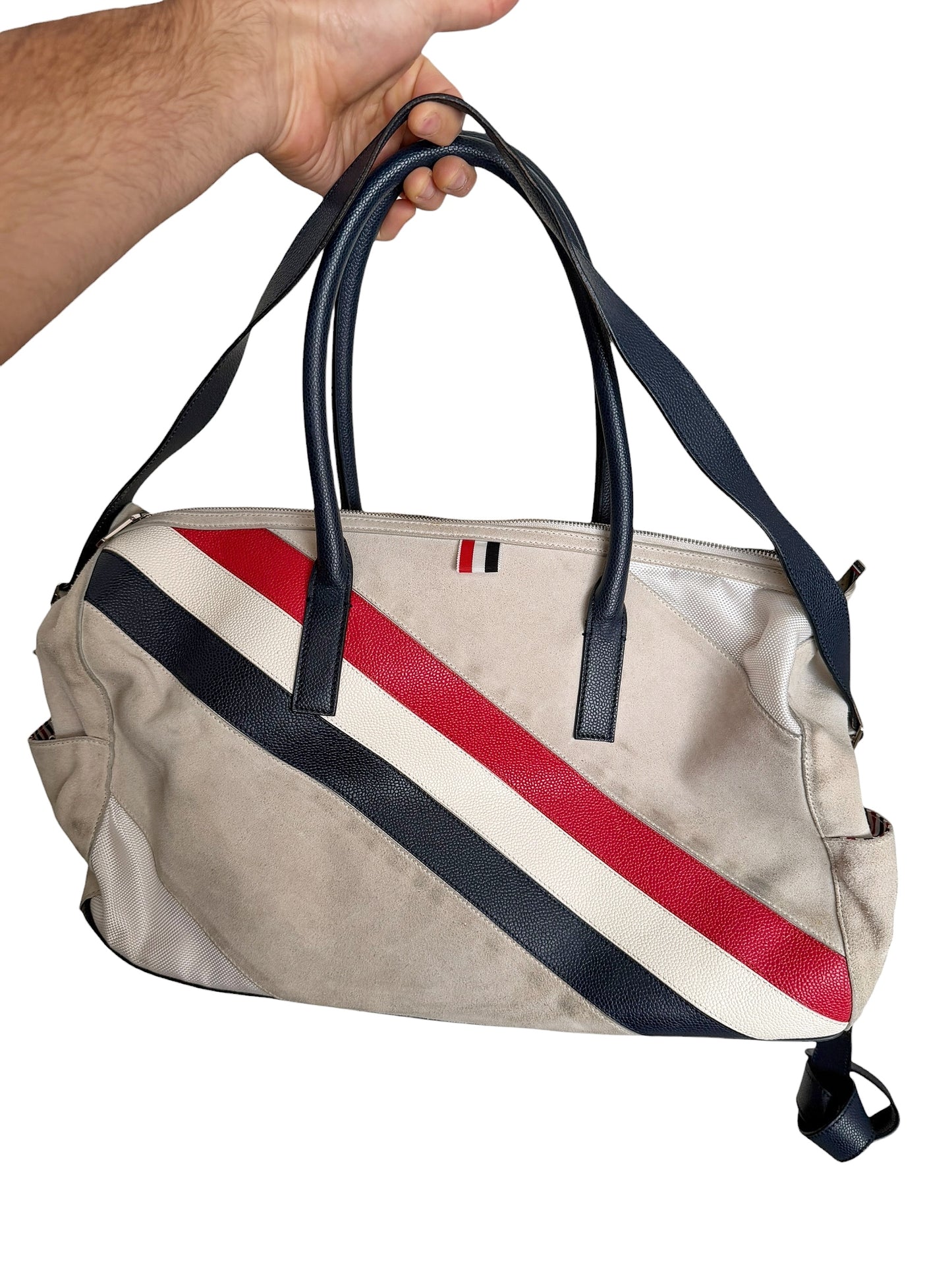 Suede Pebble Leather Stripe Duffle Bag