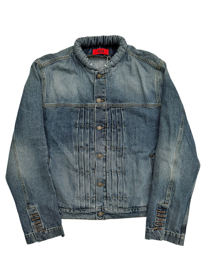 Japanese Wash Mandarin Collar Pleated Denim Trucker