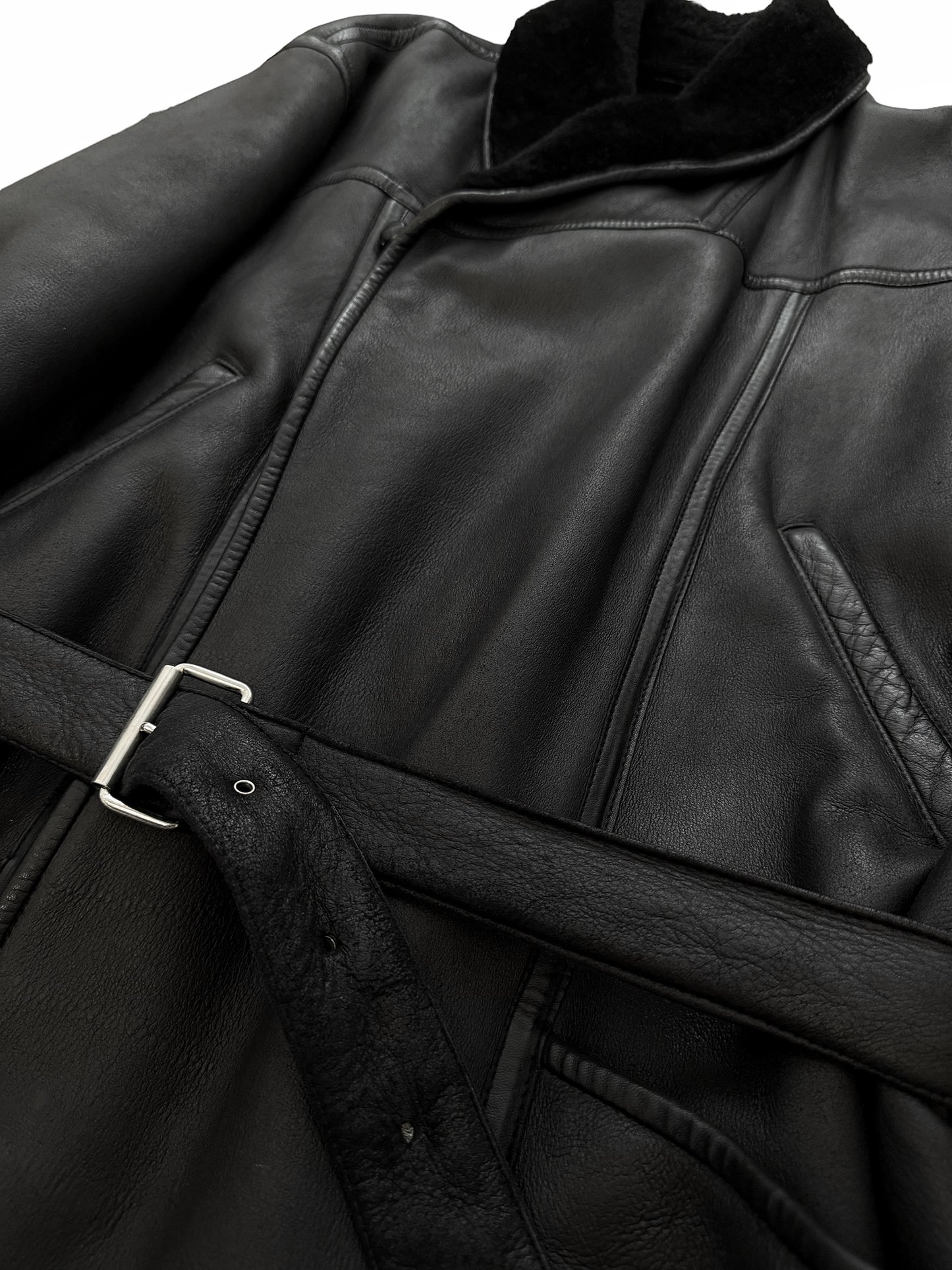 1980’s Long Buckle Sheepskin Leather Flight Coat