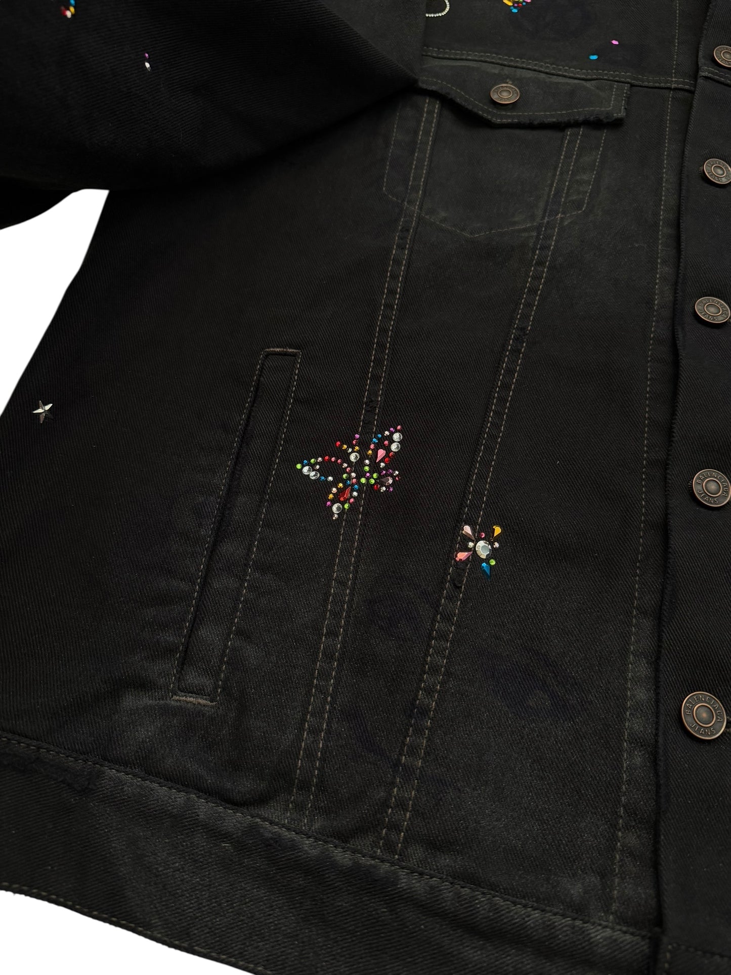 2022 Bedazzled Graffiti Doodle Distressed Denim Trucker Jacket