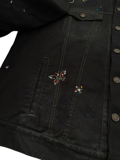 2022 Bedazzled Graffiti Doodle Distressed Denim Trucker Jacket
