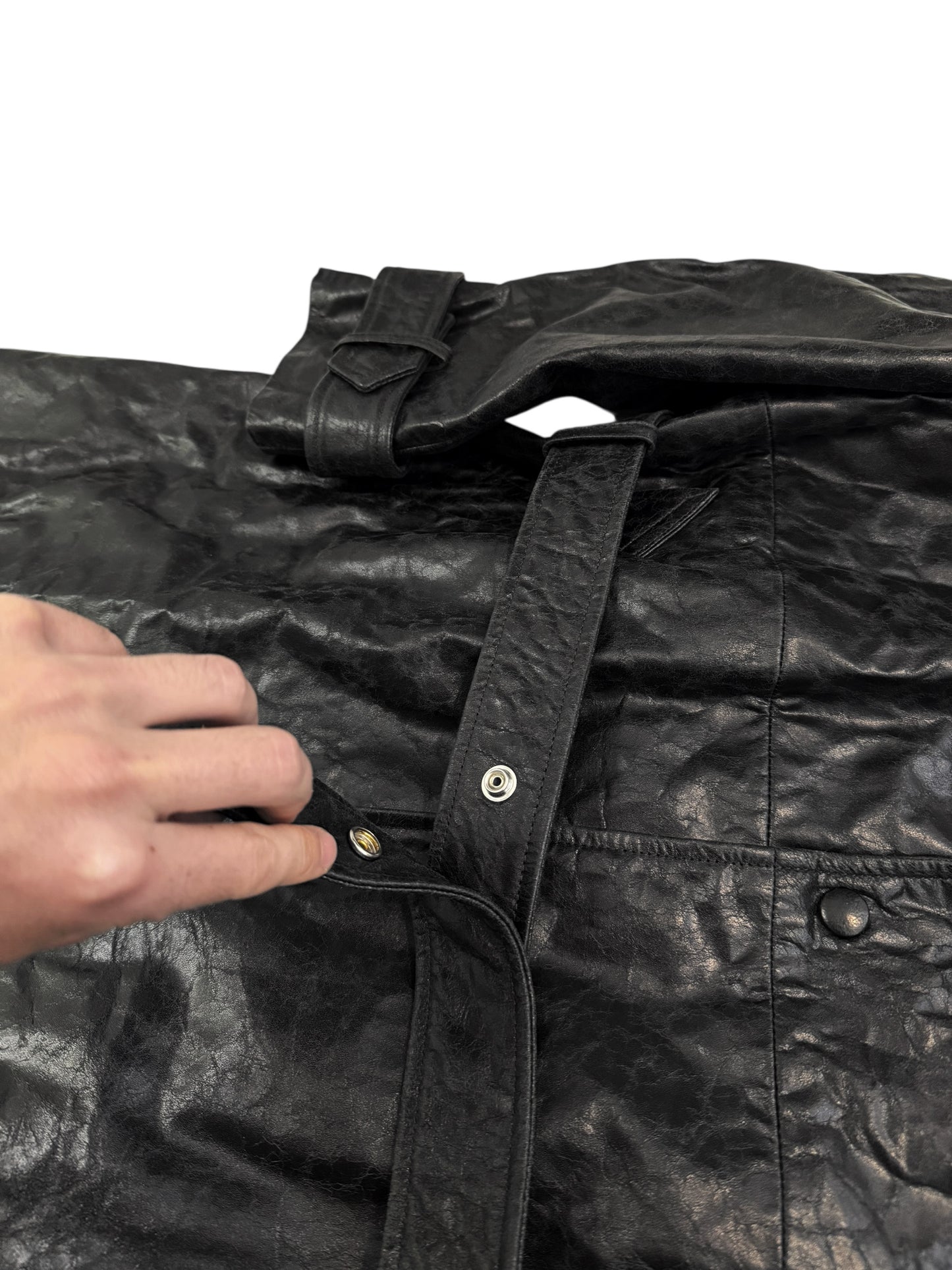 2024 Paper Effect Distressed Leather Trench Coat