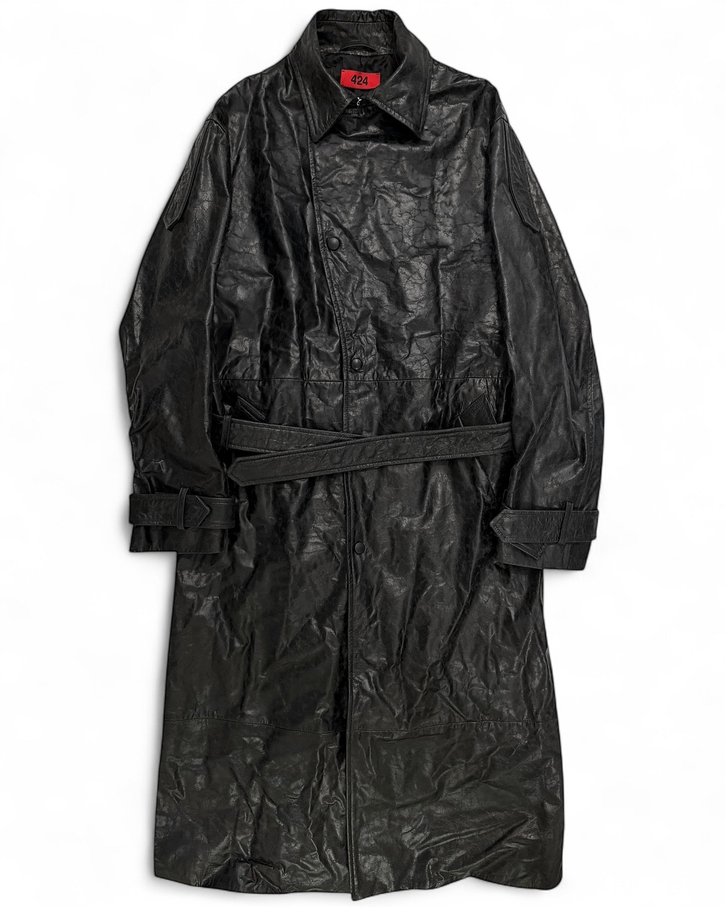 2024 Paper Effect Distressed Leather Trench Coat