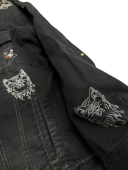 2022 Bedazzled Graffiti Doodle Distressed Denim Trucker Jacket