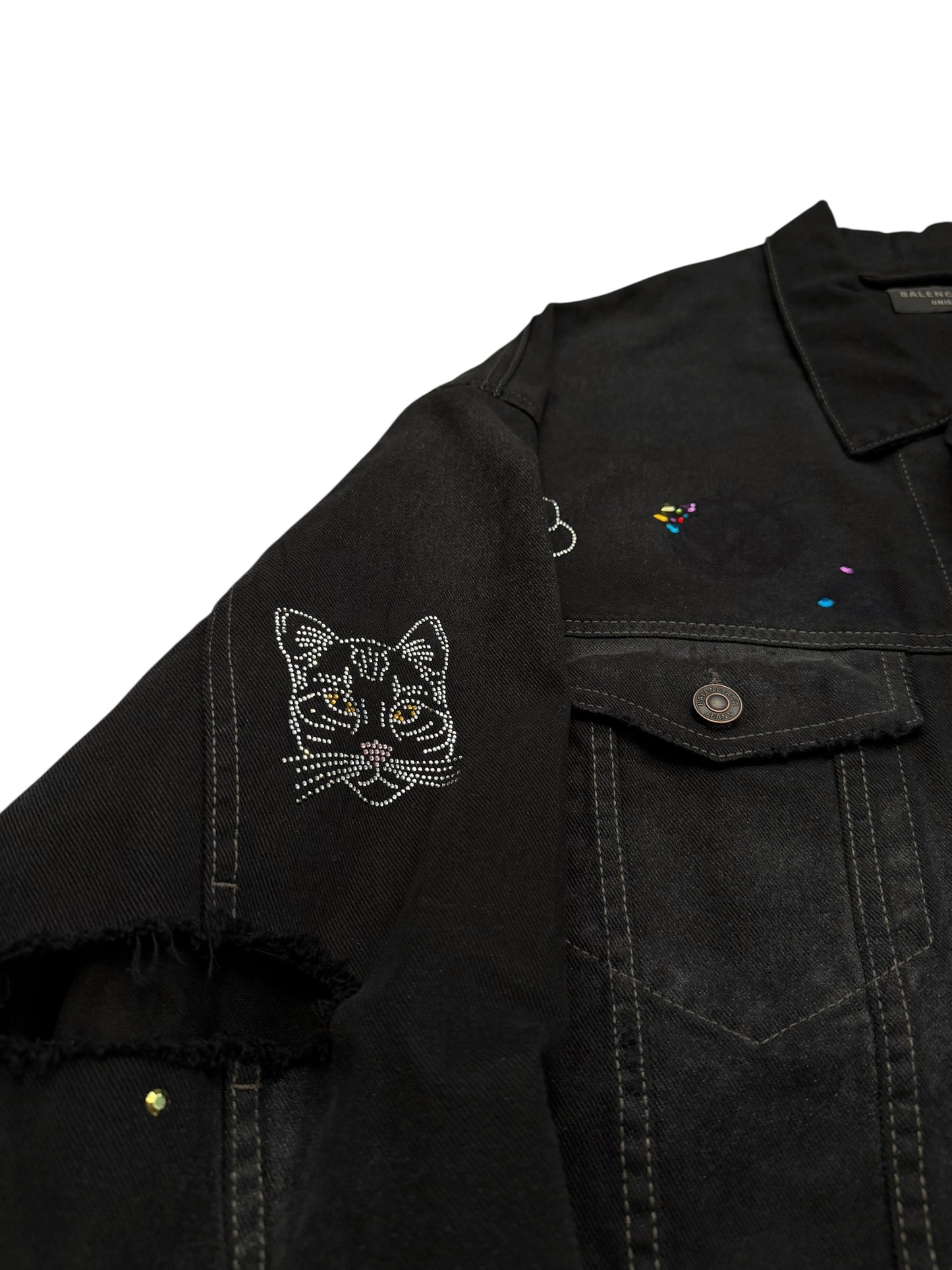 2022 Bedazzled Graffiti Doodle Distressed Denim Trucker Jacket