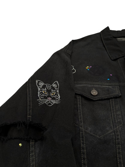 2022 Bedazzled Graffiti Doodle Distressed Denim Trucker Jacket