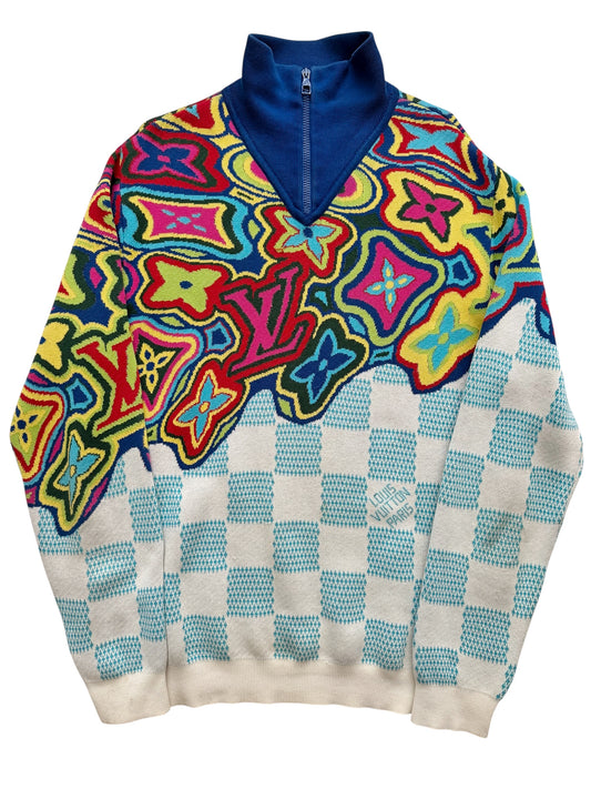 Distorted Abstract Damier Half Zip Sweater
