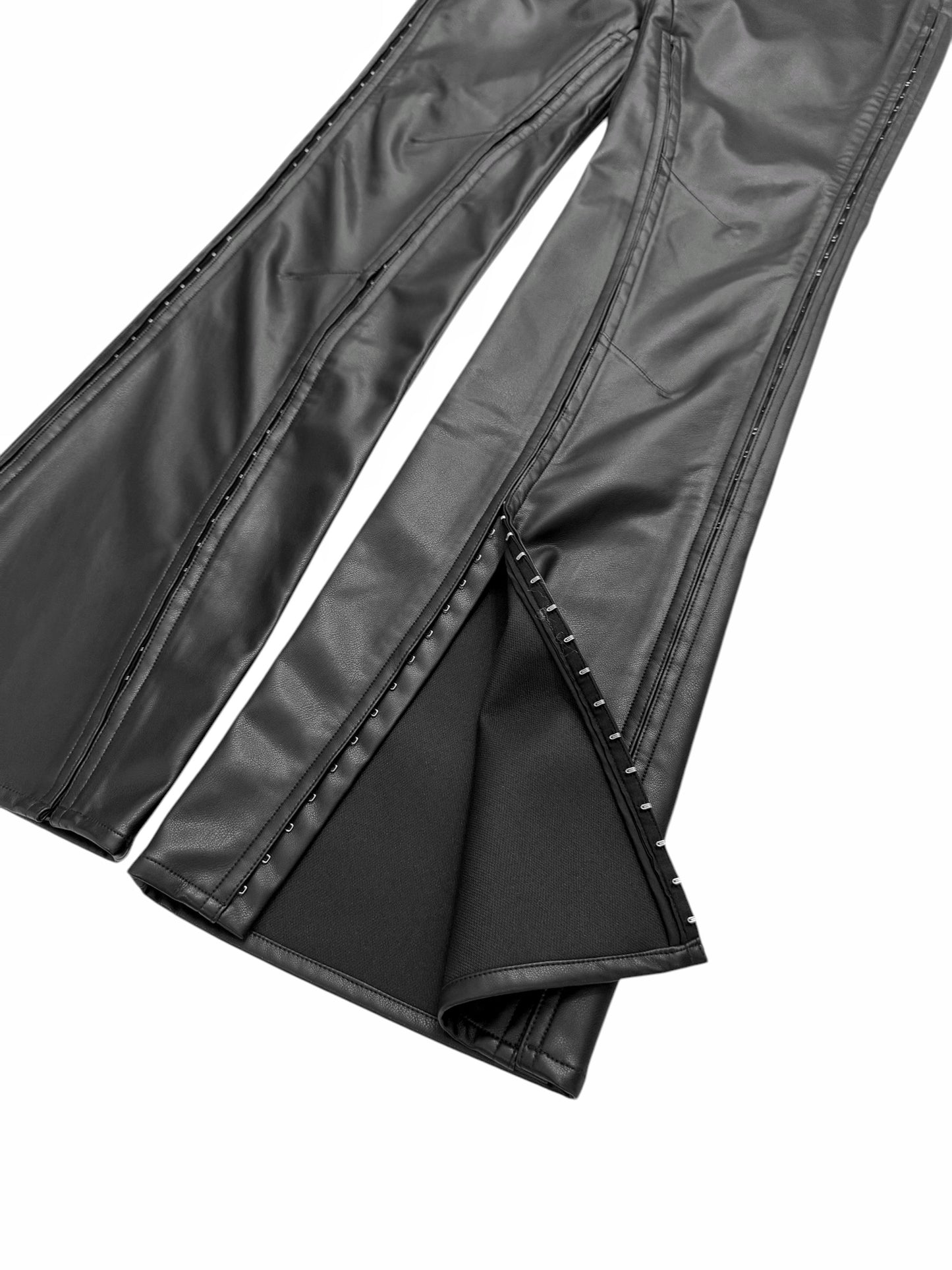 Hook Eye Flare Vegan Leather Pants