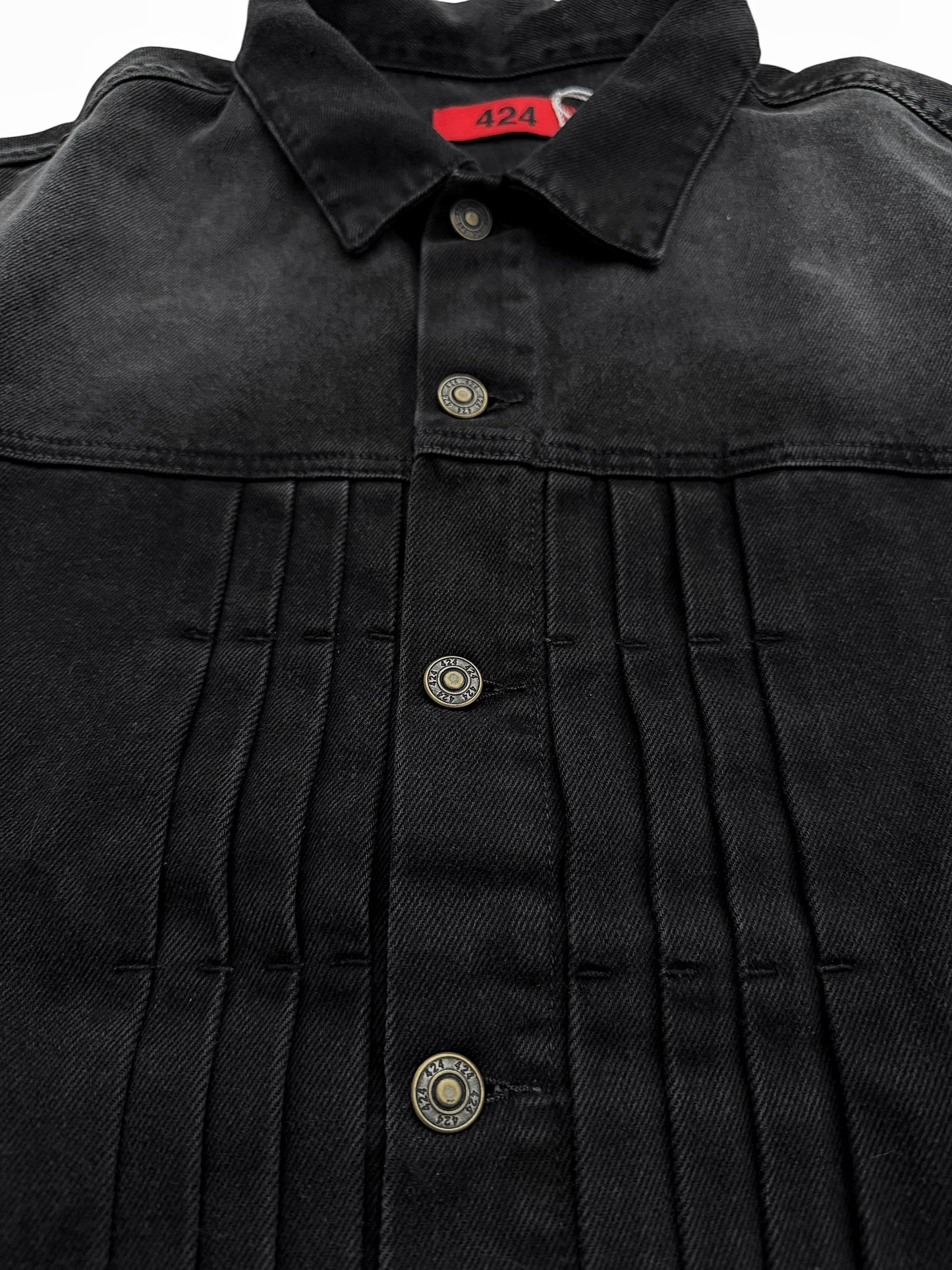 Faded Black Patch Denim Pleat Trucker Jacket