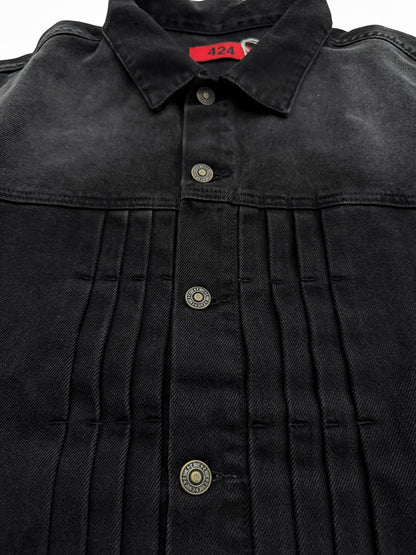 Faded Black Patch Denim Pleat Trucker Jacket