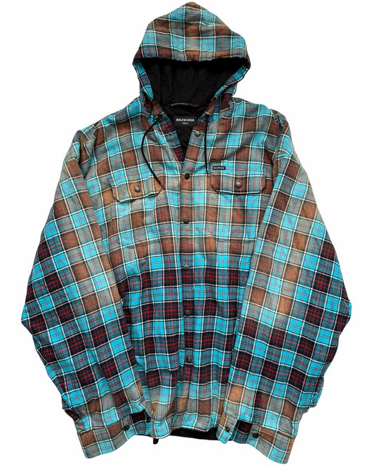 Oversized Bleached Hooded Flannel Blue