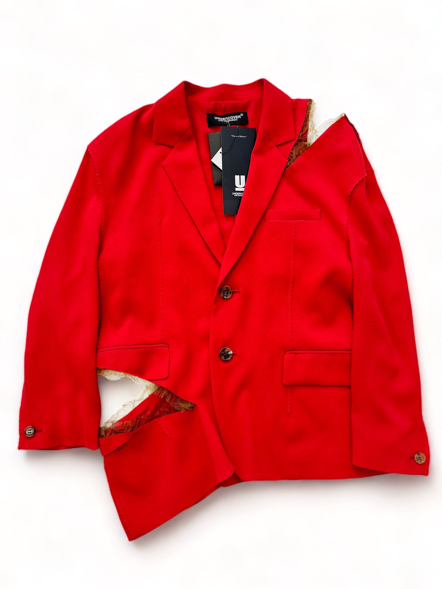 Split Deconstructed Lace Acetate Silk Red Blazer