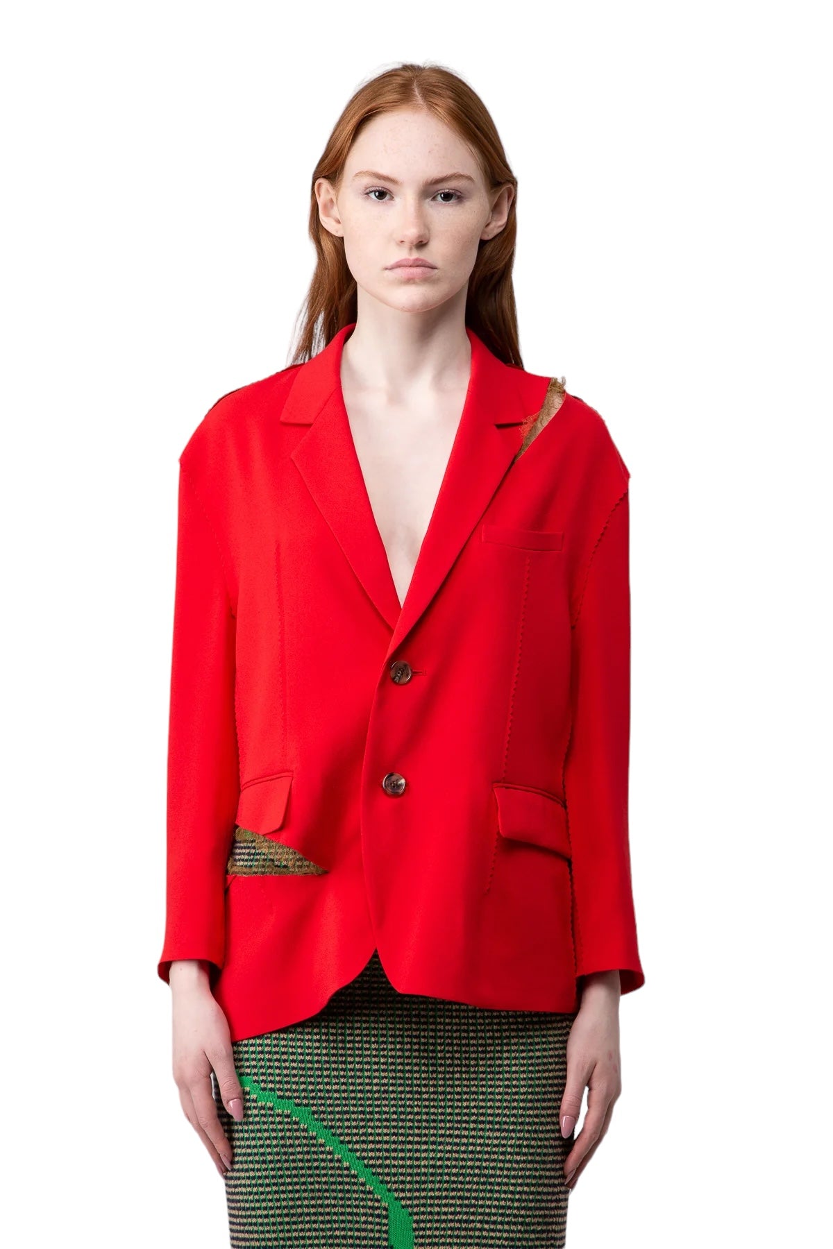 Split Deconstructed Lace Acetate Silk Red Blazer