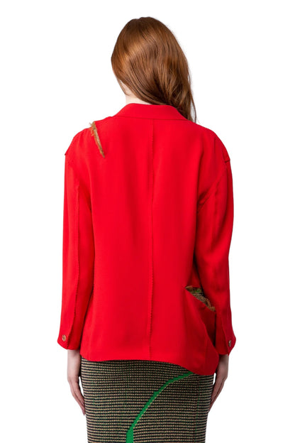 Split Deconstructed Lace Acetate Silk Red Blazer