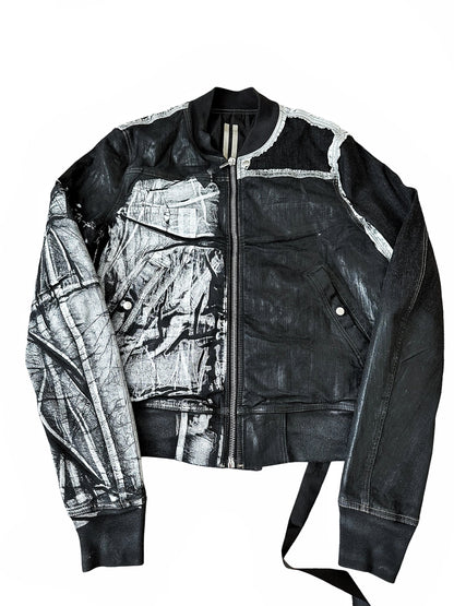 “Black As Sample” Collage Patch Waxed Denim Bomber