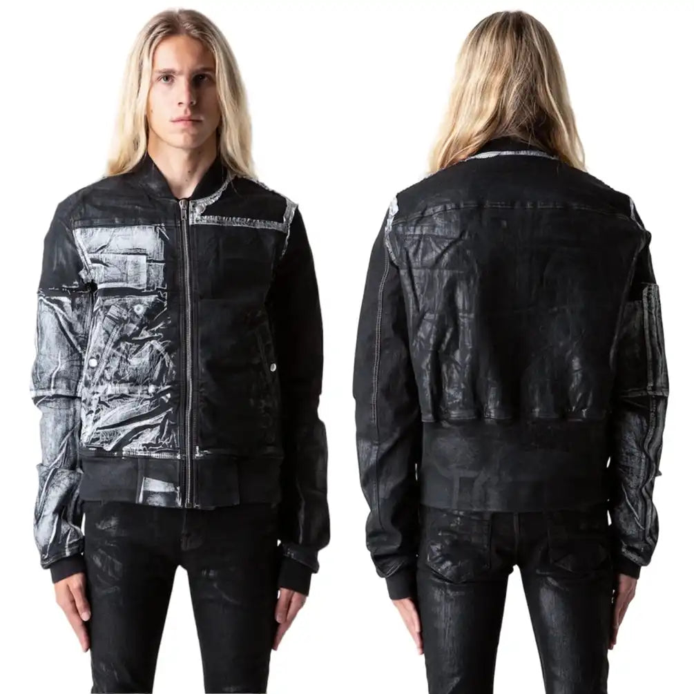 “Black As Sample” Collage Patch Waxed Denim Bomber