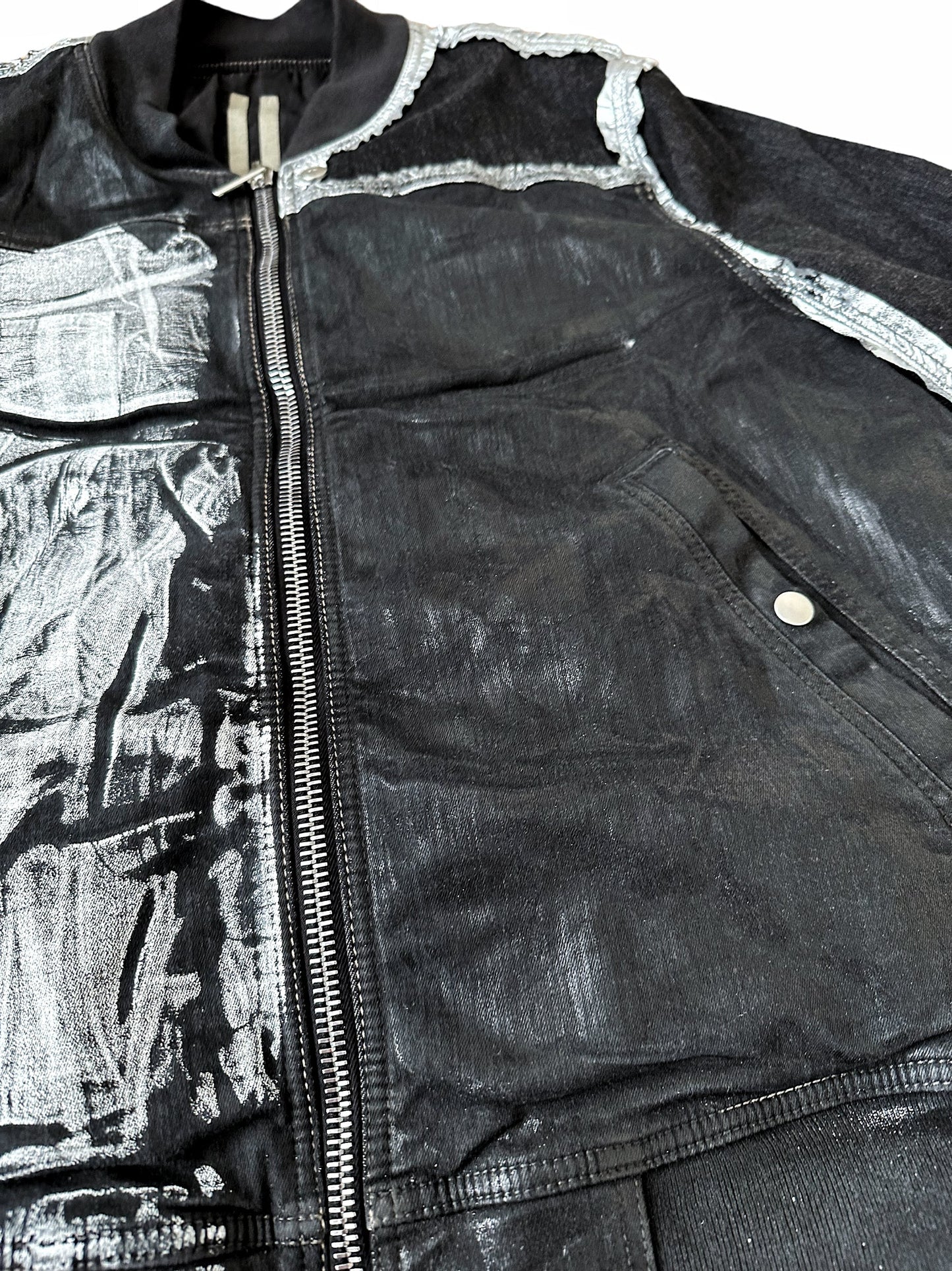 “Black As Sample” Collage Patch Waxed Denim Bomber