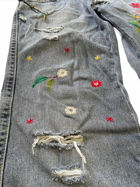Distressed Peacock Embroidery Denim