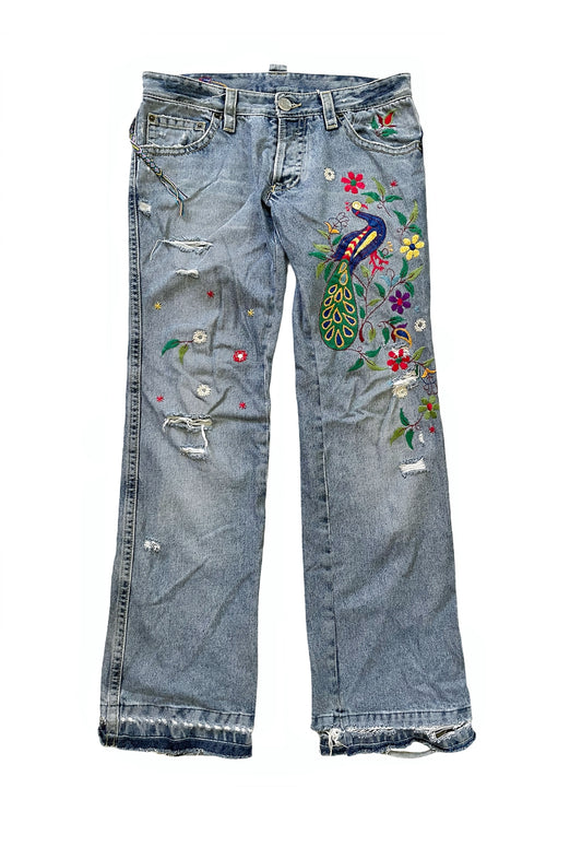 Distressed Peacock Embroidery Denim