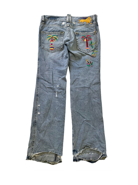 Distressed Peacock Embroidery Denim